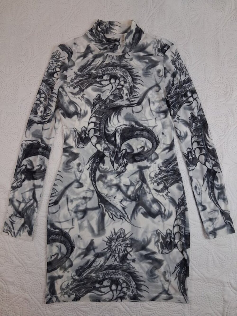 NWOT SHEIN Dragon Print Sheer Mesh Bodycon Mini Dress Long Sleeve S